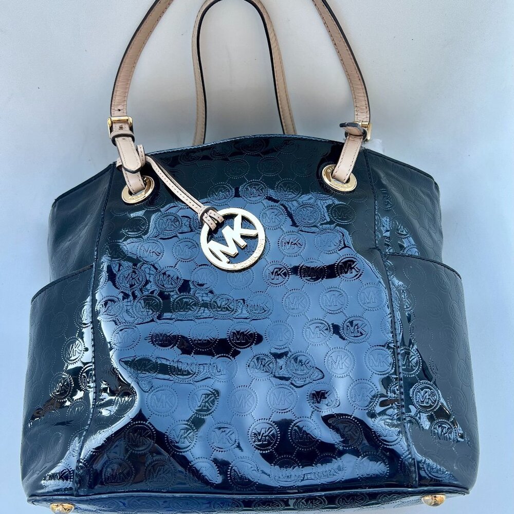 Michael Kors Solid Logo Patent Leather Tote Bag Double Handle Classic